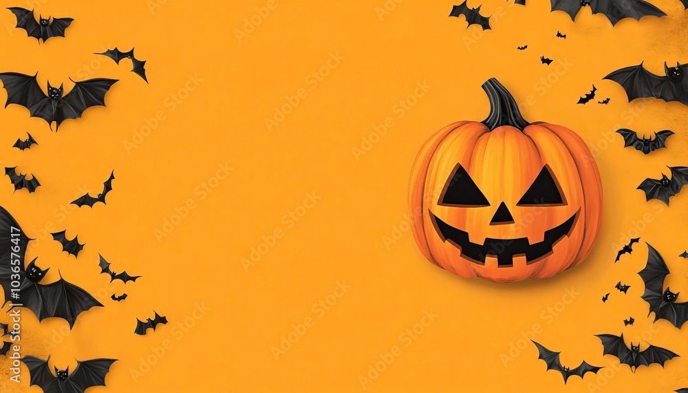 A festive Halloween scene featuring a carved pumpkin and decorative bats on a vibrant orange background. A festive Halloween scene featuring a carved pumpkin and decorative bats on a vibrant orange background.