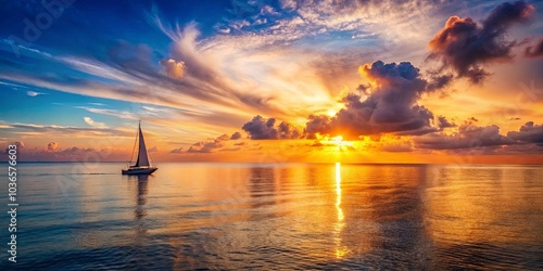 A solitary sailboat navigates a tranquil sea, bathed in the warm glow of a vibrant sunset, as the sky transforms into a canvas of brilliant hues and ethereal clouds.