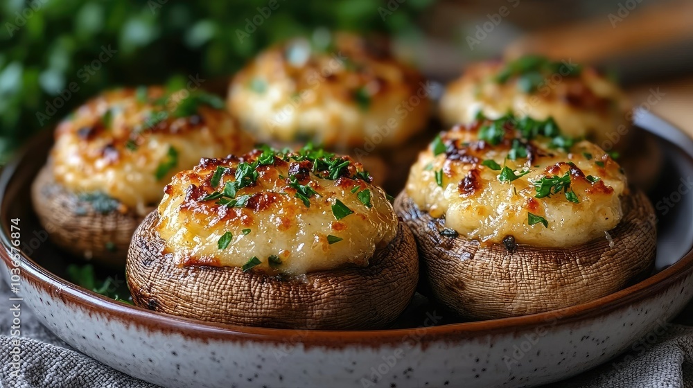 Spinach and cheese stuffed mushrooms baked to golden perfection, garnished with chopped parsley and served on a ceramic disH Spinach and cheese stuffed mushrooms baked to golden perfection, garnished with chopped parsley and served on a ceramic disH