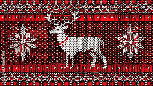 mage 1 Title: Knitted reindeer and snowflake pattern in red and white