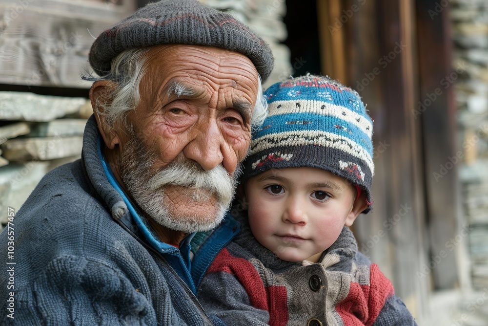 Elderly Man with Grandchild in Warm Clothing Sitting Outdoors in Rustic Setting Elderly Man with Grandchild in Warm Clothing Sitting Outdoors in Rustic Setting