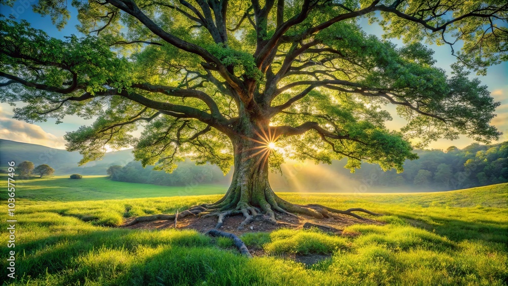 Fototapeta premium A Majestic Tree Stands Tall Against a Sun-Drenched Meadow, Its Branches Reaching Skyward, Casting Long Shadows Across the Lush Grass