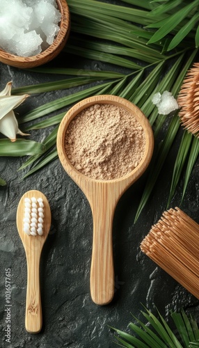 Natural ingredients in wooden bowls. Perfect for websites promoting eco-friendly beauty products and healthy lifestyle.