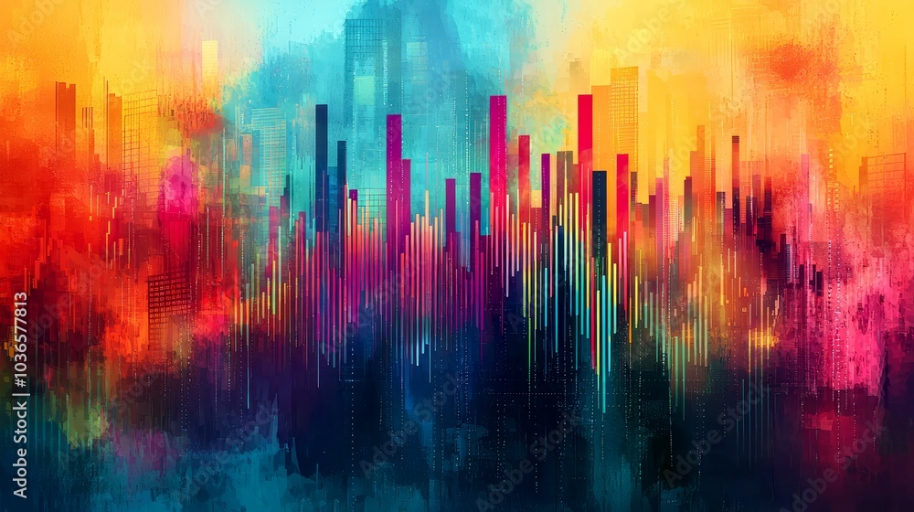 Fototapeta premium Abstract city skyline with colorful watercolor effect.