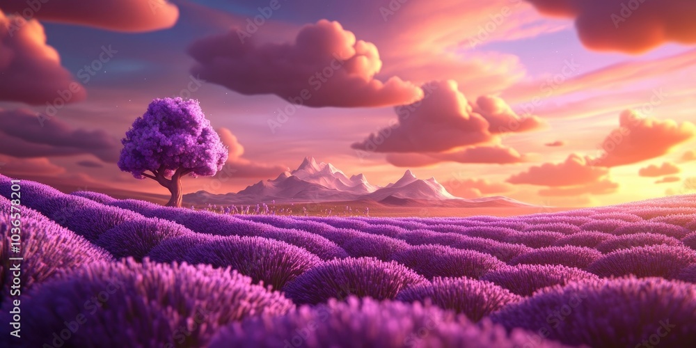 Fototapeta premium Close-up of a lavender field with a solitary tree in a serene landscape, Lavender field with a solitary tree in a tranquil setting