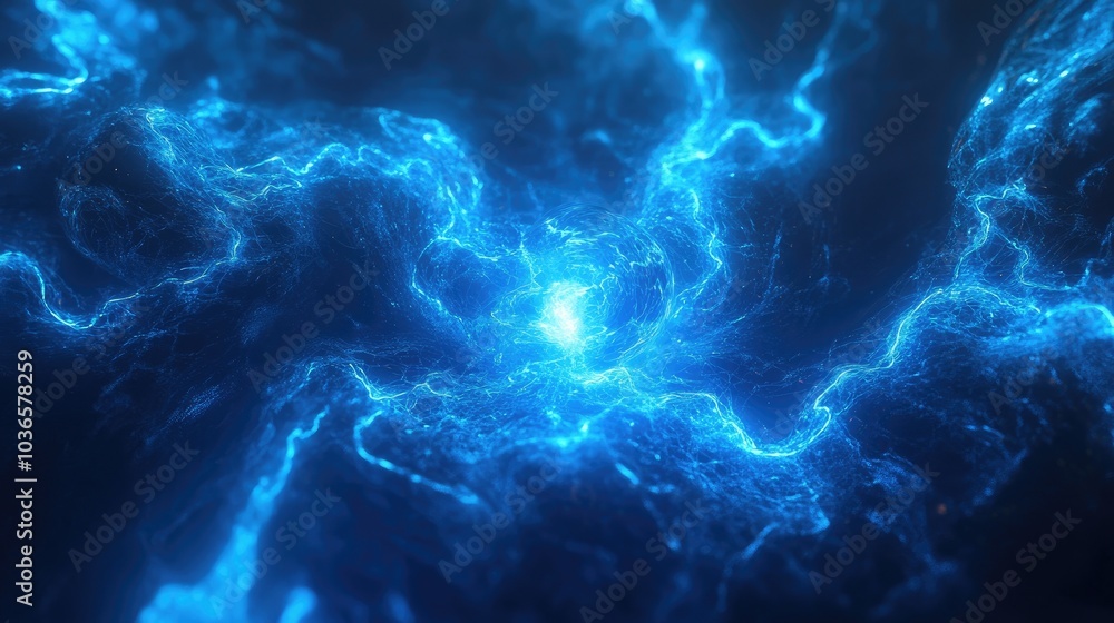 Blue glowing ball lightning in a 3D cartoon rendering featuring a computer generated abstract background