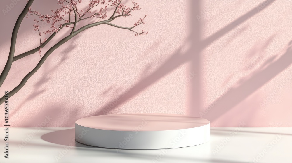 Premium podium against a pastel background for product showcasing featuring an abstract geometric arrangement with a branch and shadow on the wall 3D render Ideal for exhibitions and promotions Premium podium against a pastel background for product showcasing featuring an abstract geometric arrangement with a branch and shadow on the wall 3D render Ideal for exhibitions and promotions