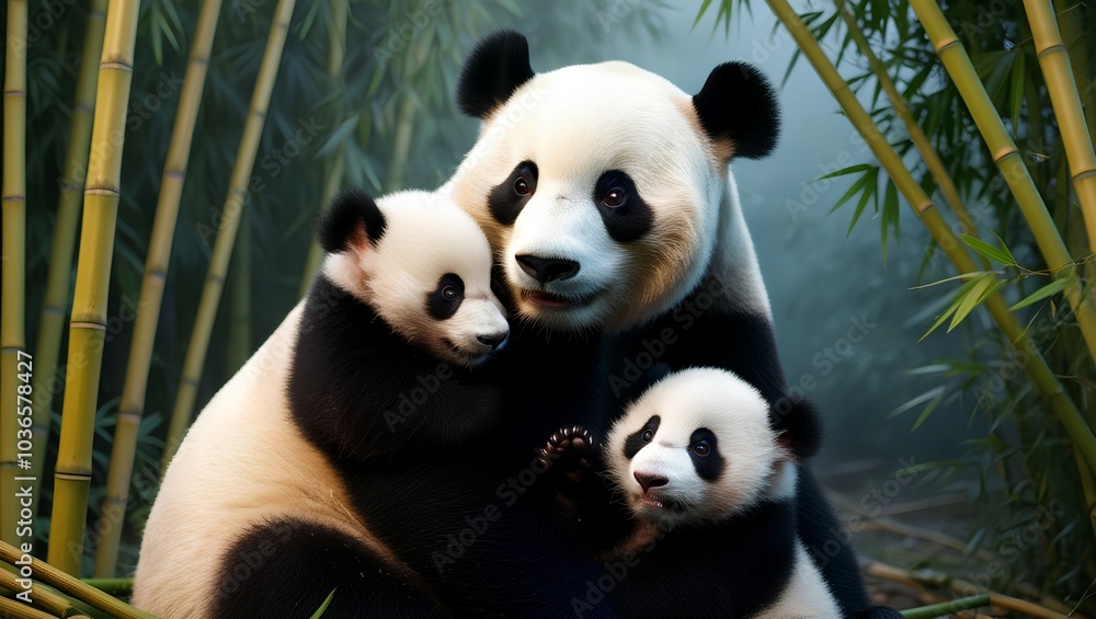 Fototapeta premium Beautiful panda hugging her cubs