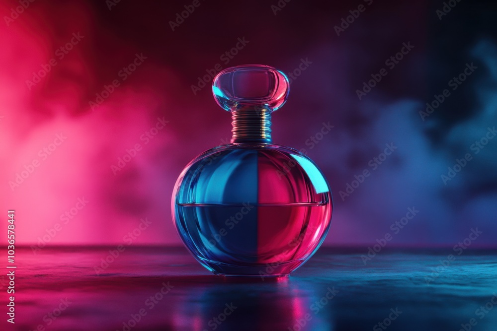 A striking mockup of an intense seductive perfume bottle illuminated in vibrant hues A striking mockup of an intense seductive perfume bottle illuminated in vibrant hues