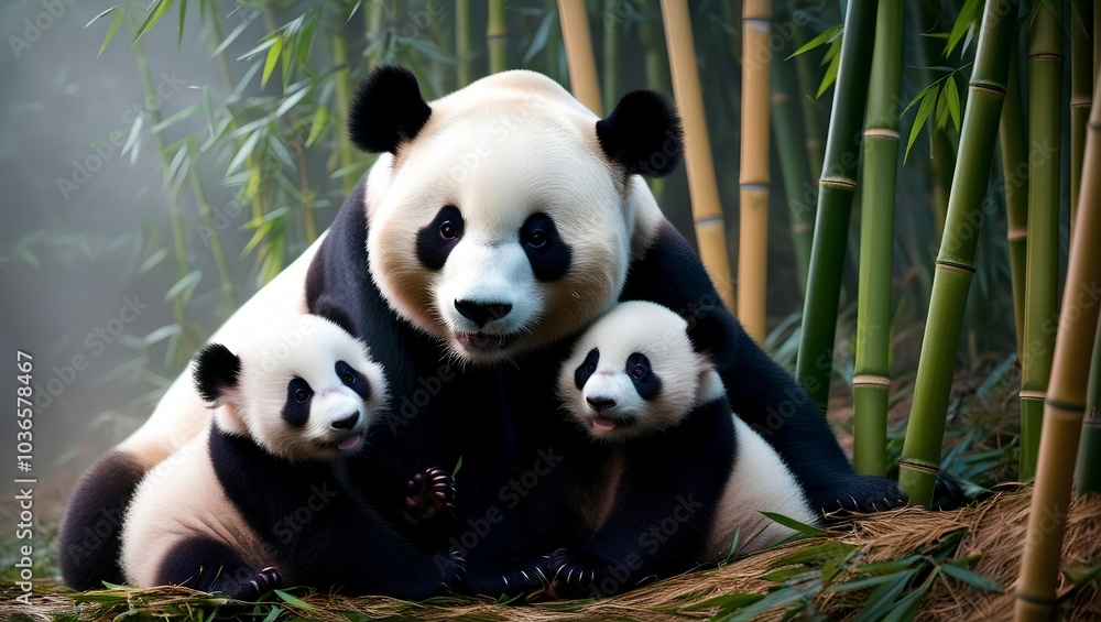 Obraz premium Beautiful panda hugging her cubs