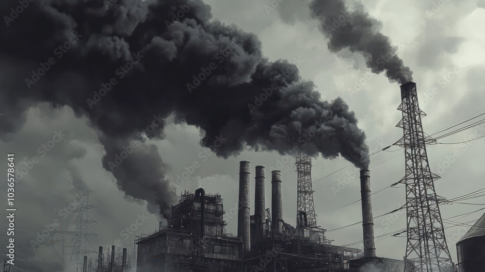 Thick black smoke billows from industrial chimneys and cooling towers of a power plant, depicting severe air pollution and environmental degradation. Thick black smoke billows from industrial chimneys and cooling towers of a power plant, depicting severe air pollution and environmental degradation.