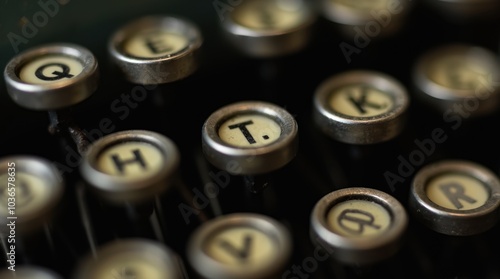 A detailed shot of a vintage typewriter's keys, focusing on the letters and the wear on the keys.