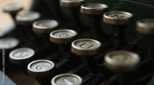 A detailed shot of a vintage typewriter's keys, focusing on the letters and the wear on the keys.