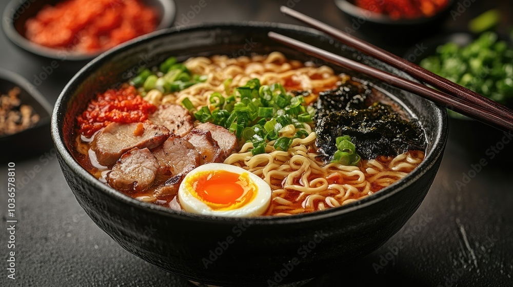 Traditional ramen bowl with soft-boiled egg, sliced pork, seaweed, and green onions, served in a deep bowl with chopsticks Traditional ramen bowl with soft-boiled egg, sliced pork, seaweed, and green onions, served in a deep bowl with chopsticks