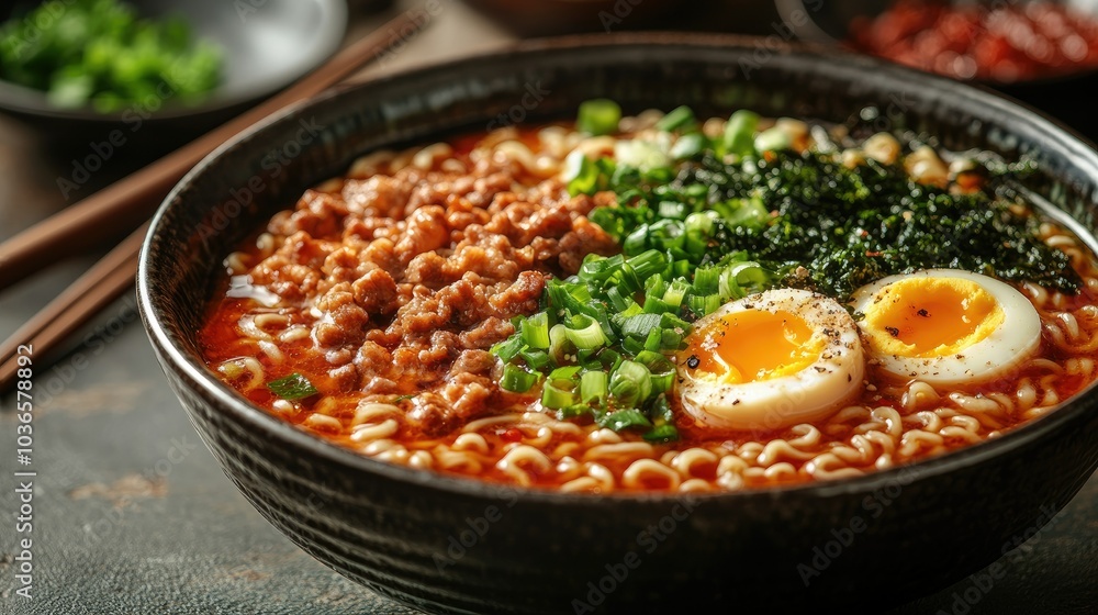 Traditional ramen bowl with soft-boiled egg, sliced pork, seaweed, and green onions, served in a deep bowl with chopsticks Traditional ramen bowl with soft-boiled egg, sliced pork, seaweed, and green onions, served in a deep bowl with chopsticks