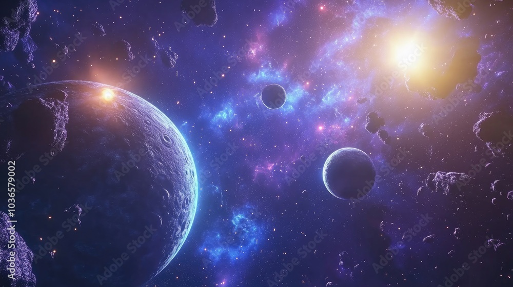 Obraz premium 2D illustration in a 3D cartoon rendering set against a deep interstellar space backdrop featuring bright flashing stars planets moons comets and various science fiction themed creative background