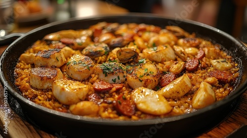 Traditional Spanish paella with a mix of seafood, chicken, and chorizo, served in a wide pan with a sprinkle of fresh parsley on top