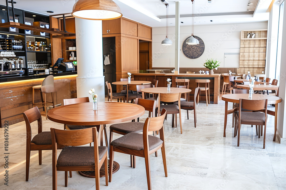 A restaurant inside a modern hospital. Minimalist café interior with simple, elegant furniture A restaurant inside a modern hospital. Minimalist café interior with simple, elegant furniture