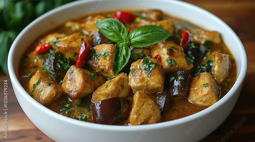 Traditional Thai green curry with chicken, eggplant, and Thai basil, served in a white bowl with a side of jasmine rice Traditional Thai green curry with chicken, eggplant, and Thai basil, served in a white bowl with a side of jasmine rice