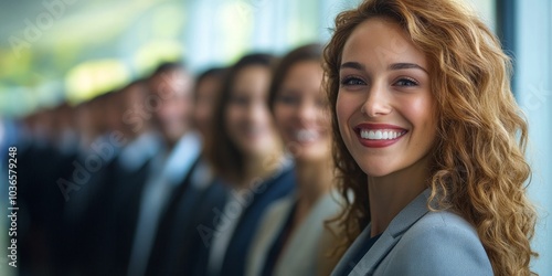 Group of happy businesspeople smiling while waiting in line, Generative AI