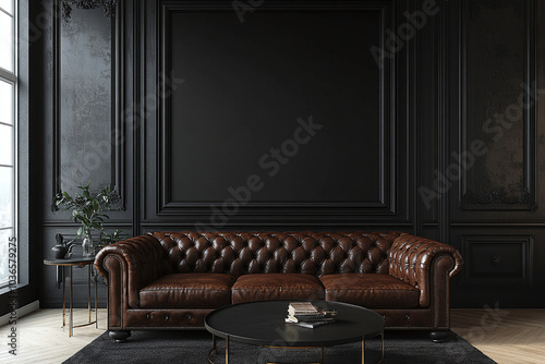 Empty black wall in modern living room. Mock up interior in classic style. Free space, copy space for your picture, banner, text, or another design. Brown leather sofa