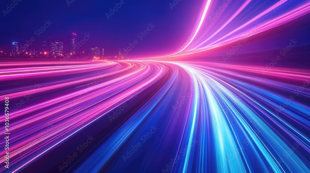 Panoramic view of high speed technology featuring an abstract background with light effects Depicts motion in vibrant blue and purple neon hues symbolizing innovation and advancement Panoramic view of high speed technology featuring an abstract background with light effects Depicts motion in vibrant blue and purple neon hues symbolizing innovation and advancement