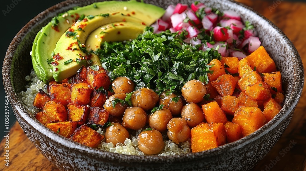 Vegan Buddha bowl with quinoa, roasted sweet potatoes, chickpeas, avocado slices, and a tahini dressing drizzle, arranged in vibrant colors Vegan Buddha bowl with quinoa, roasted sweet potatoes, chickpeas, avocado slices, and a tahini dressing drizzle, arranged in vibrant colors