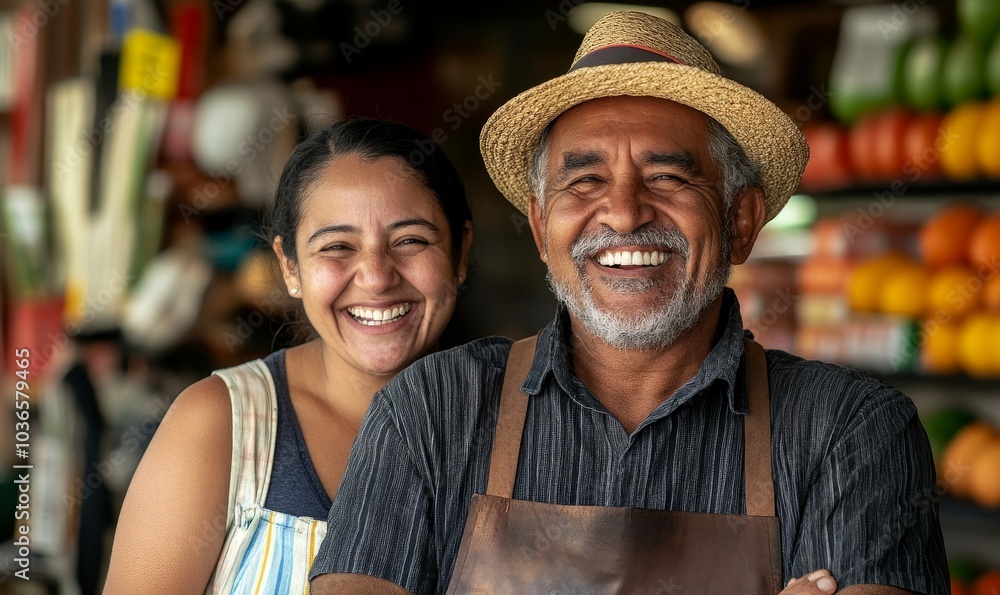 Two grocery store workers laughing happily in their shop, Generative AI