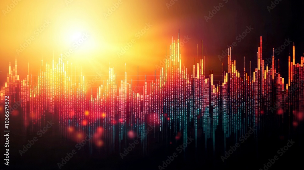 Abstract digital cityscape with bright lights at sunset. Abstract digital cityscape with bright lights at sunset.