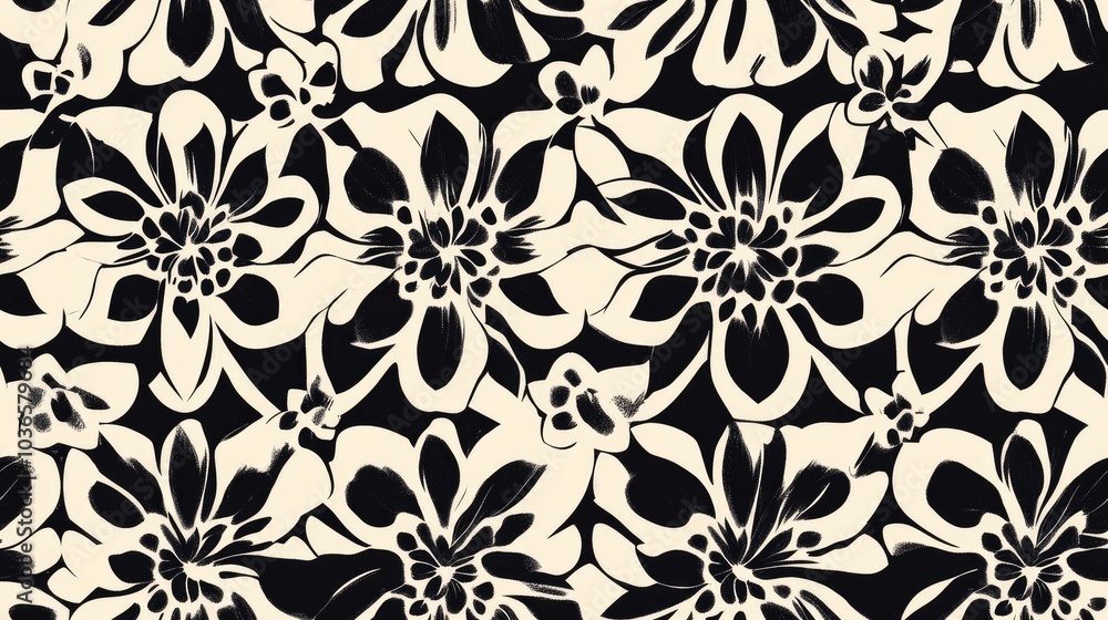 Floral seamless pattern background featuring a geometric ornament in black and white Floral seamless pattern background featuring a geometric ornament in black and white