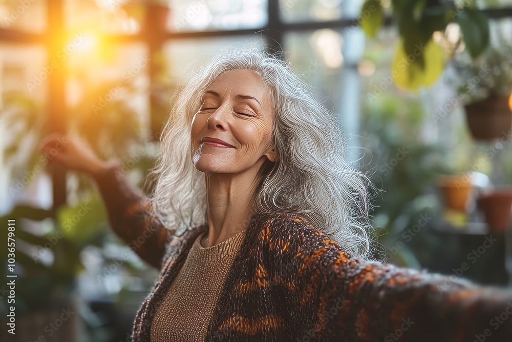 Happy mature woman dancing with her eyes closed, Generative AI