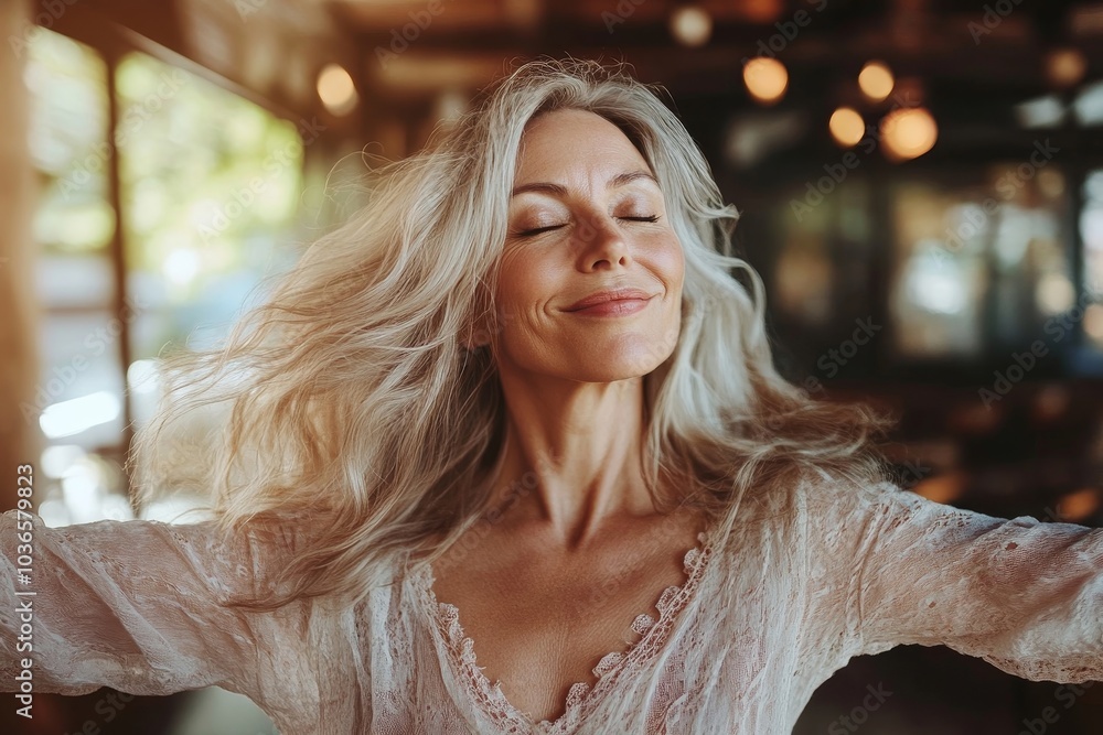 Happy mature woman dancing with her eyes closed, Generative AI