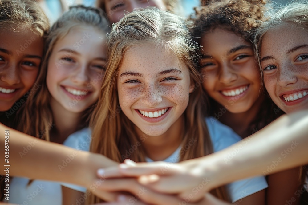 Cheerful teenagers putting their hands together in unity, Generative AI