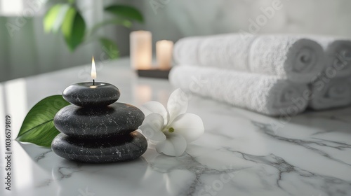 White marble table with spa stones, pebbles, candle burning in background. Single leaf, flower, towel create serene, peaceful atmosphere. Oriental-inspired composition with focus on hygiene, body