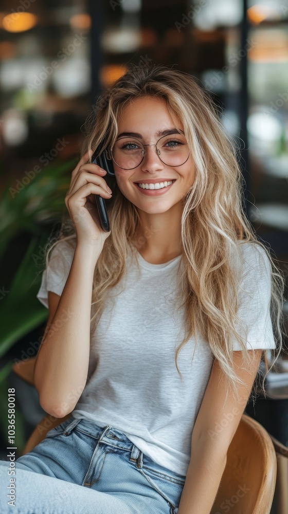 Happy entrepreneur smiling during a phone call, Generative AI