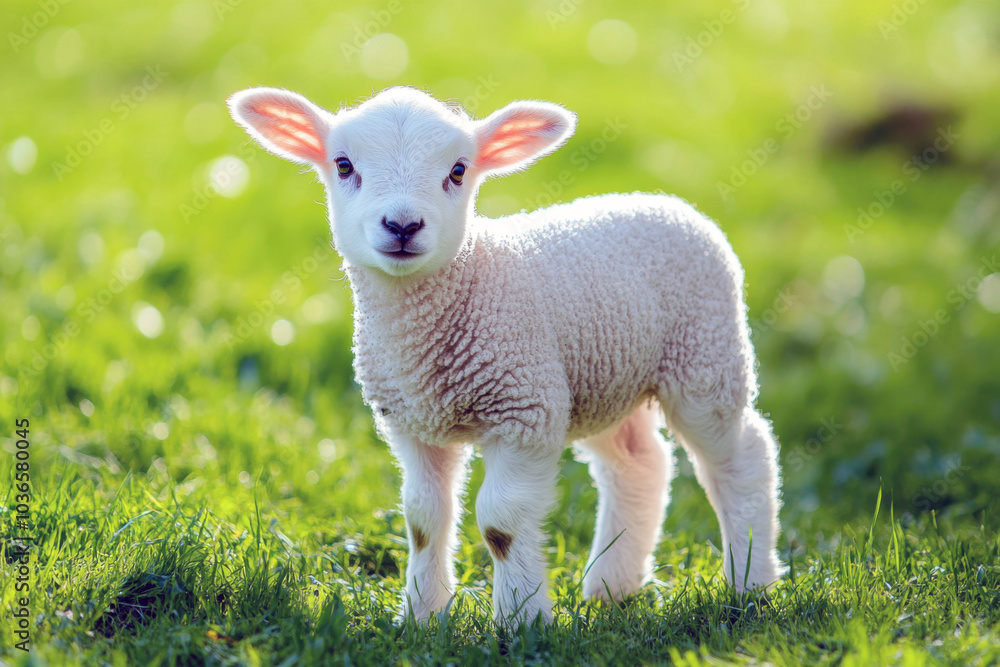 Adorable lamb frolicking in lush green pasture under bright sunlight during springtime Adorable lamb frolicking in lush green pasture under bright sunlight during springtime