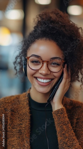 Obraz na płótnie Happy entrepreneur smiling during a phone call, Generative AI w salonie