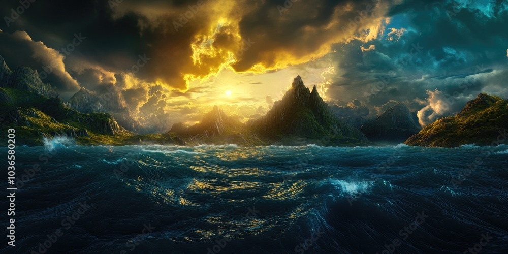 Fototapeta premium The southern sea features stunning mountains and a breathtaking sky, showcasing natural beauty, Southern sea landscape with majestic mountains and a beautiful sky