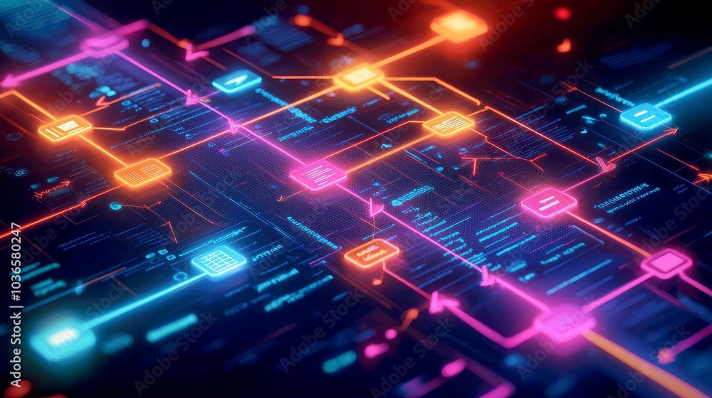 Abstract digital network with glowing lines and nodes, representing data flow and connections. Abstract digital network with glowing lines and nodes, representing data flow and connections.