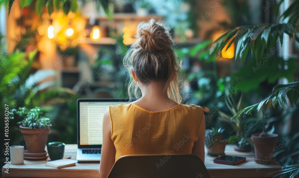 Female entrepreneur having a virtual meeting in a co-working space, Generative AI