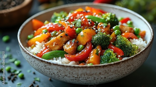 Vegetable stir-fry with colorful bell peppers, broccoli, carrots, and snap peas, served over a bed of fluffy jasmine rice in a white bowl