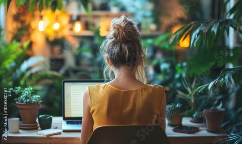 Obraz na płótnie Female entrepreneur having a virtual meeting in a co-working space, Generative AI w salonie