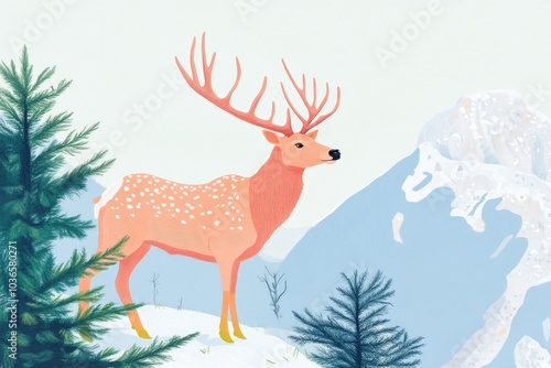 Bull Elk with large antlers standing against a rocky snowy mountain in winter