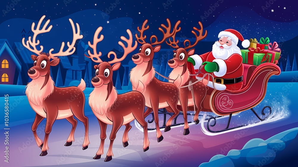 Fototapeta premium Santa Claus Riding in a Sleigh Pulled by Reindeer on a Snowy Night