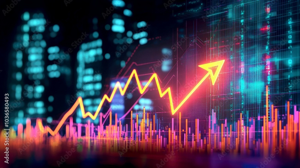 Abstract glowing chart with arrow pointing upward over blurry city skyline. Abstract glowing chart with arrow pointing upward over blurry city skyline.