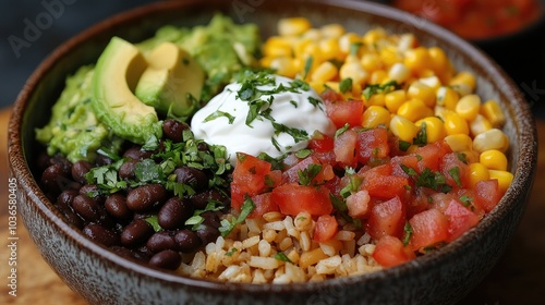 Vegetarian burrito bowl with black beans, brown rice, corn, avocado, and fresh salsa, topped with a dollop of Greek yogurt