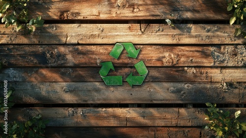 Wooden planks with green recycle symbol, highlighting eco-friendly approach to materials. photo