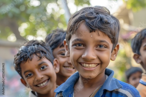 Portrait of a group of young indian kids smiling at the camera.