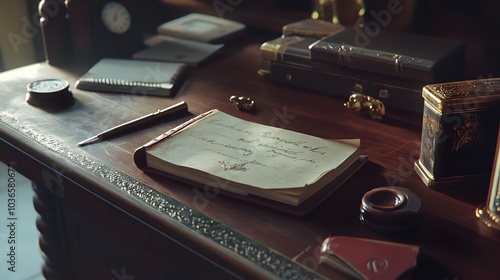 73. An immersive view of an antique writing desk with a leather notebook, a sealing wax, and a brass letter opener, using a retro camera effect photo