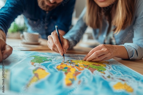Couple planning vacation using the world map, Generative AI
